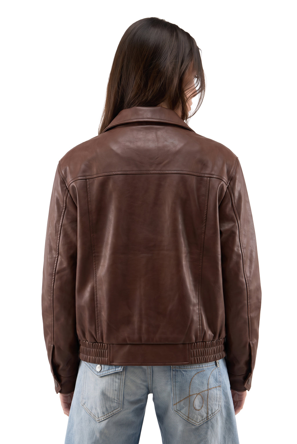Cropped Brown Leather Jacket back