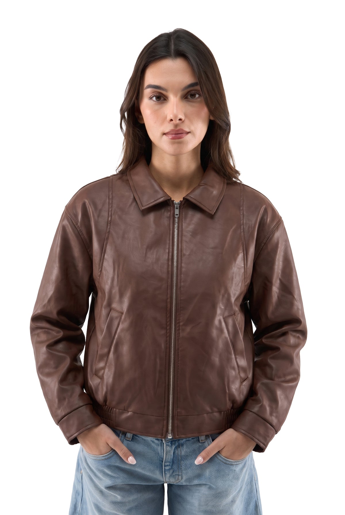 Cropped Brown Leather Jacket on model