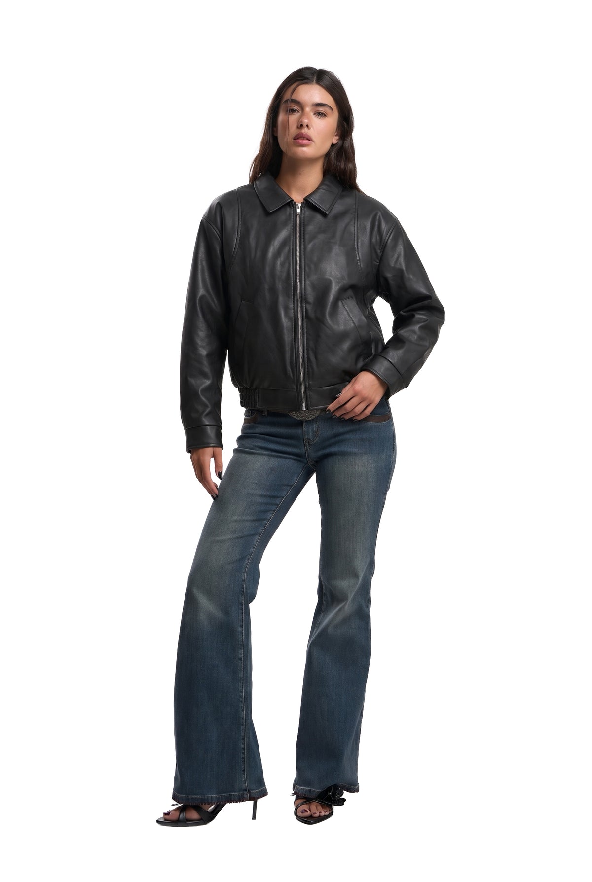 Cropped Black Leather Jacket full look