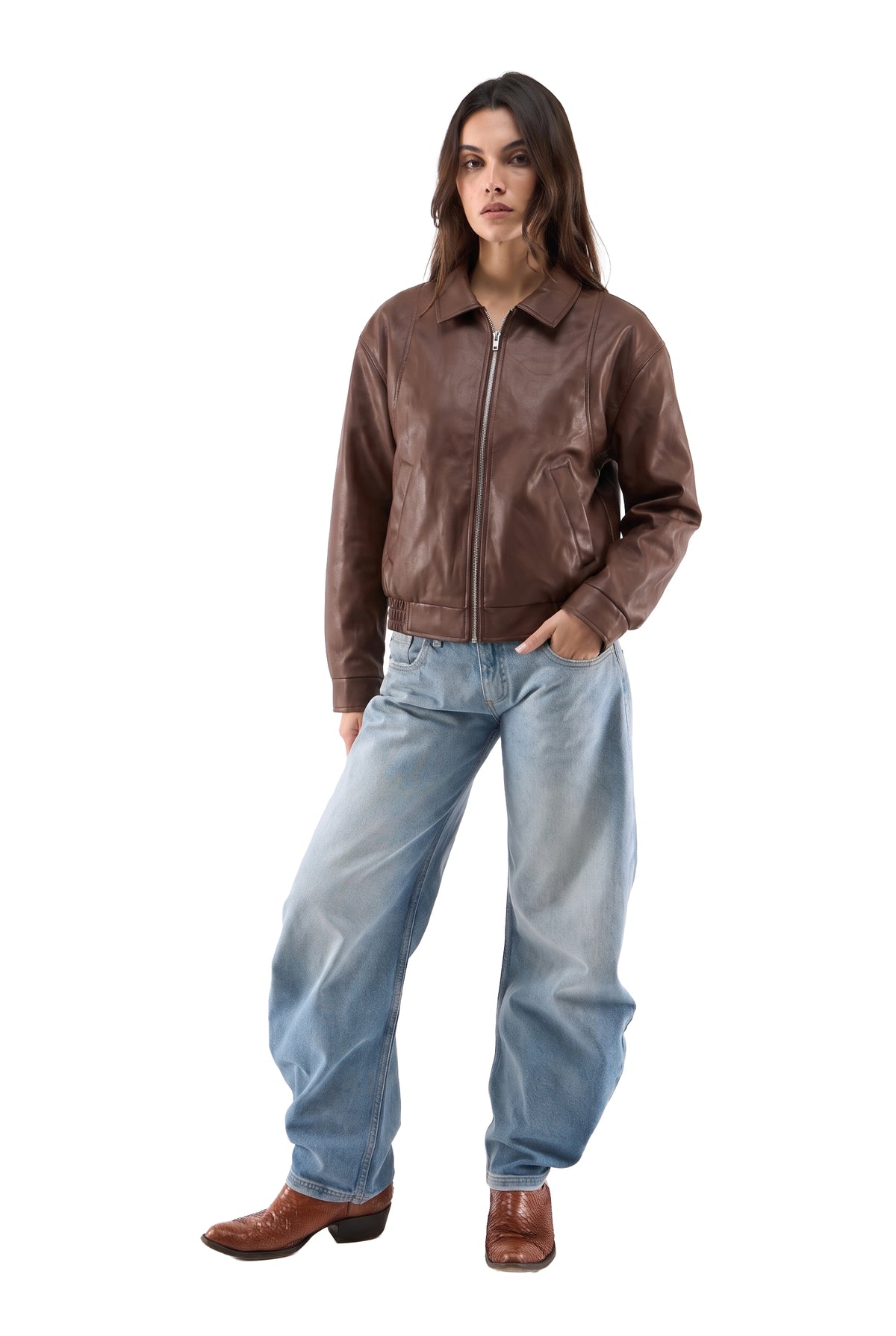 Cropped Brown Leather Jacket full look