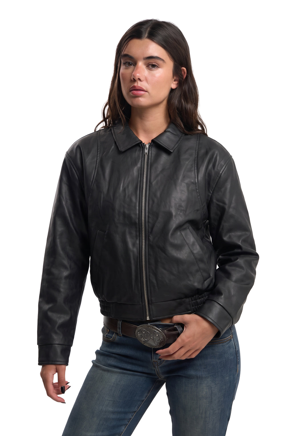 Cropped Black Leather Jacket on model